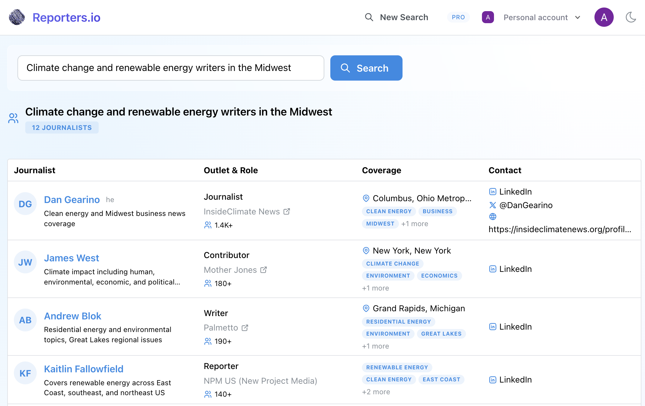 Reporters.io Search UI Screenshot